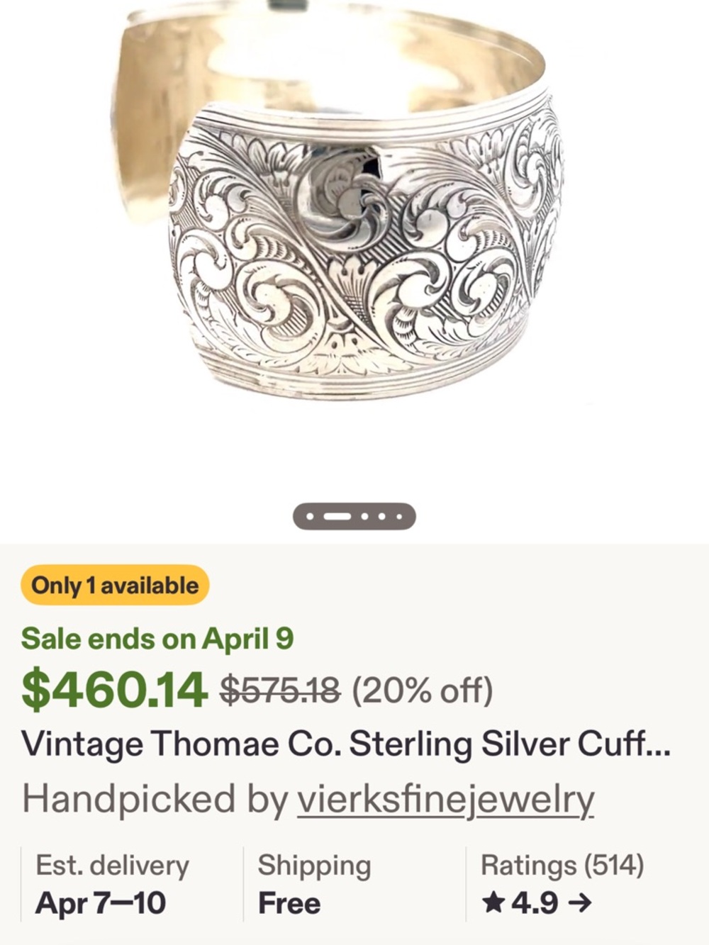 THOMAE 925 Sterling Silver Vintage Cuff Bracelet with Leaves Scrollwork 47 grams - Picture 4 of 8